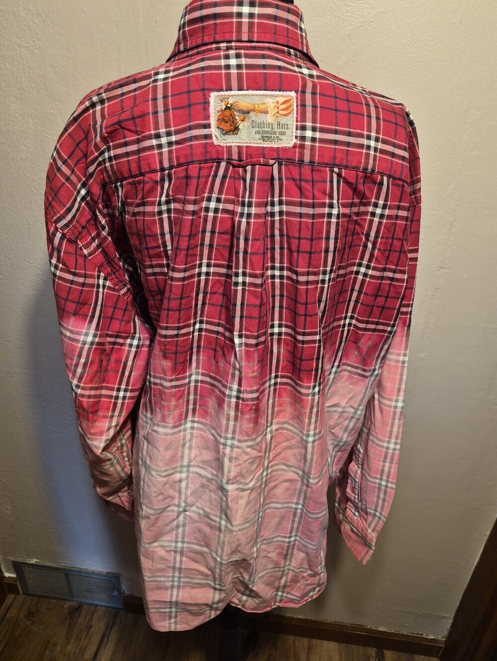 Nautica Upcycled Red Ombre Plaid Button-Up Shirt With Patches - Picture 8 of 10
